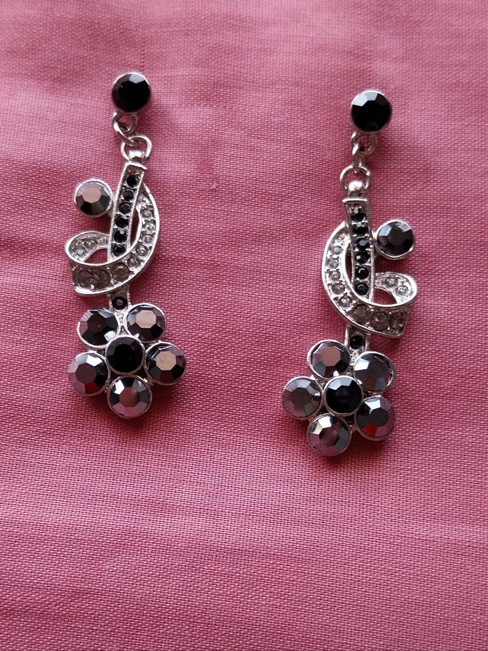 Silver-Tone Black Crystal Floral Drop Earrings